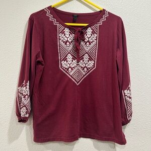 J. Crew Maroon Boho Blouse with White Embroidery 3/4 Sleeve sz small
